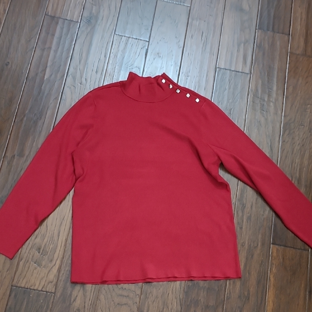 Chico's Vibrant Red Knit Mock Turtleneck Top with Button Detail Size 4 (XXL)
